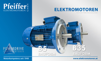 Powerdrive Elektromotoren in Bauform B5 (Flanschmontage | vorne, links) und in Bauform B35 (Flanschmontage und Füße | hinten, rechts) - Click to enlarge